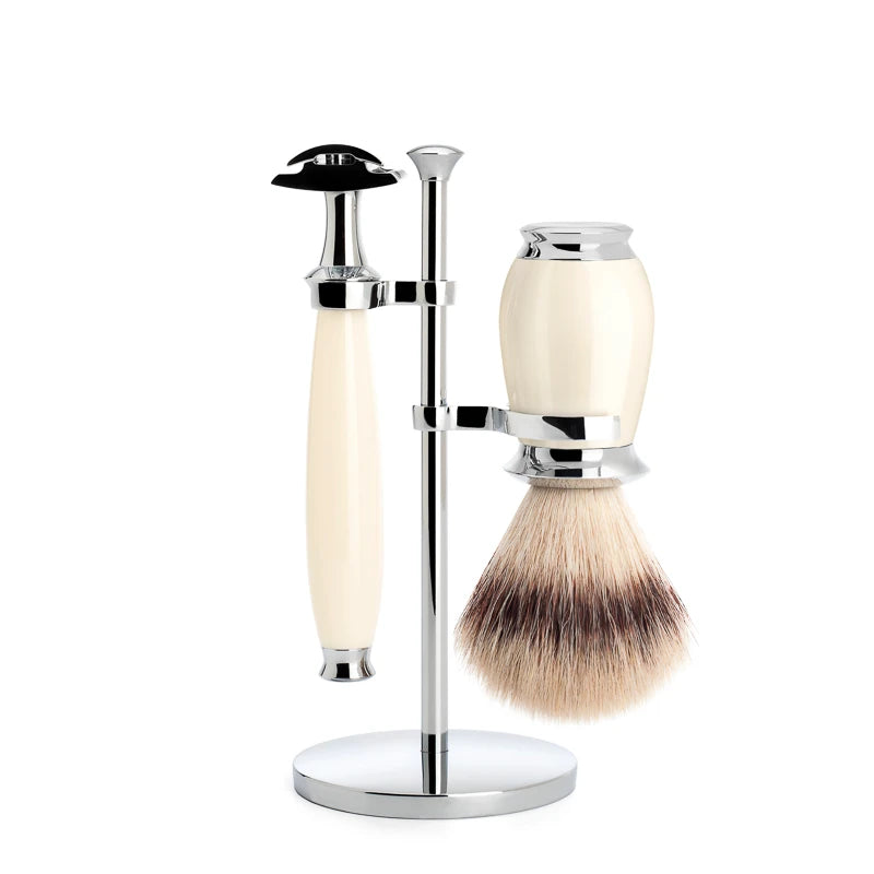 Shaving kit with DE razor, Fiber Shaving Brush and Holder, Purist, White Resin