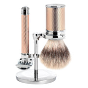 Shaving kit with DE razor, Fibre Shaving Brush and Holder, Traditional, Rosegold