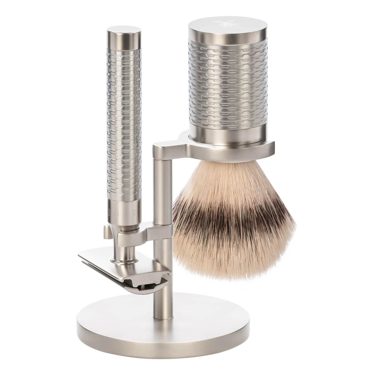 Shaving kit with DE razor, Fibre Shaving Brush and Holder, Rocca, Stainless steel - Matte finish