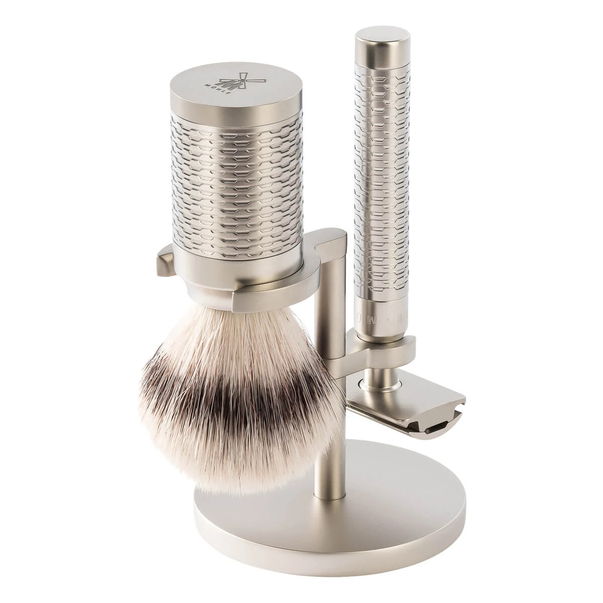 Shaving kit with DE razor, Fibre Shaving Brush and Holder, Rocca, Stainless steel - Matte finish