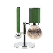 Mark Braun Shaving Kit with DE razor, Shaving Brush and Holder, Hexagon, Aluminum Forest