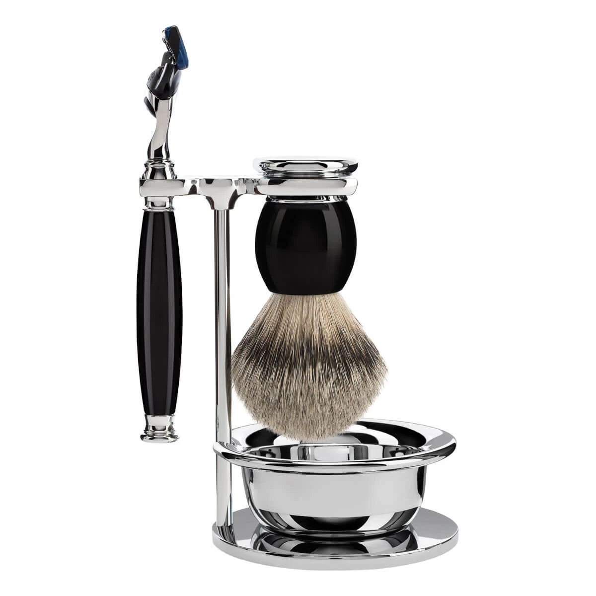 Shaving kit with Shaver, Silvertip Shaving Brush, Holder and Bowl, Sophist, Black Resin