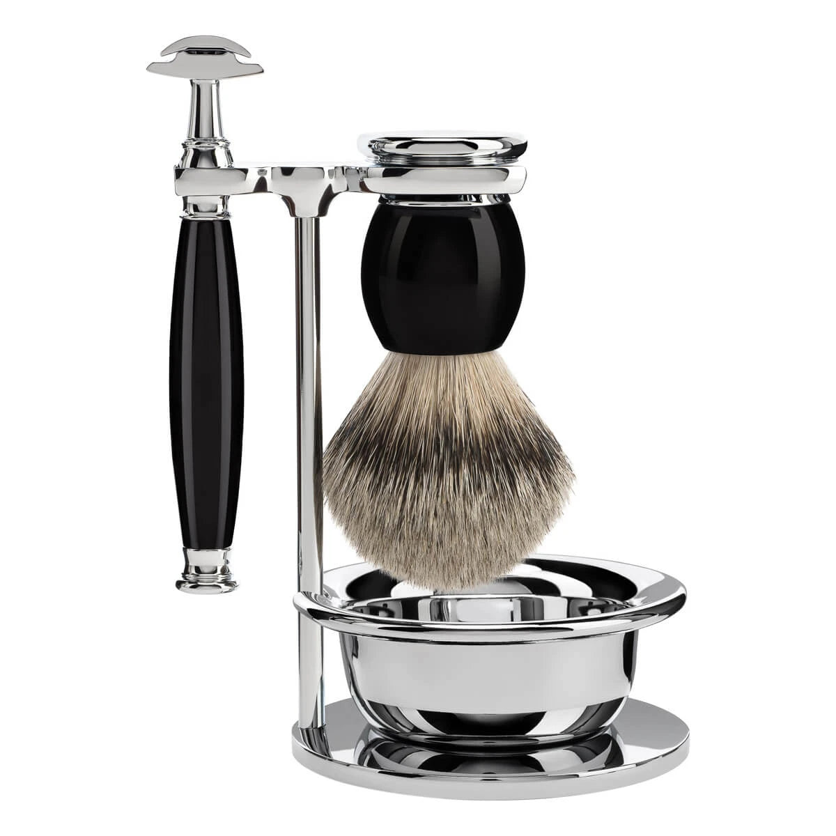 Shaving set with DE razor, Silvertip Shaving brush, holder and bowl, Sophist, Black Resin