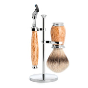 Shaving set with Shaver, Shaving brush and holder, Purist, Karelian Burl Birch