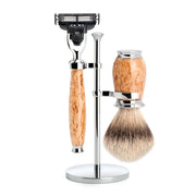 Shaving kit with Mach3 Shaver, Shaving Brush and Holder, Purist, Karelian Burl Birch