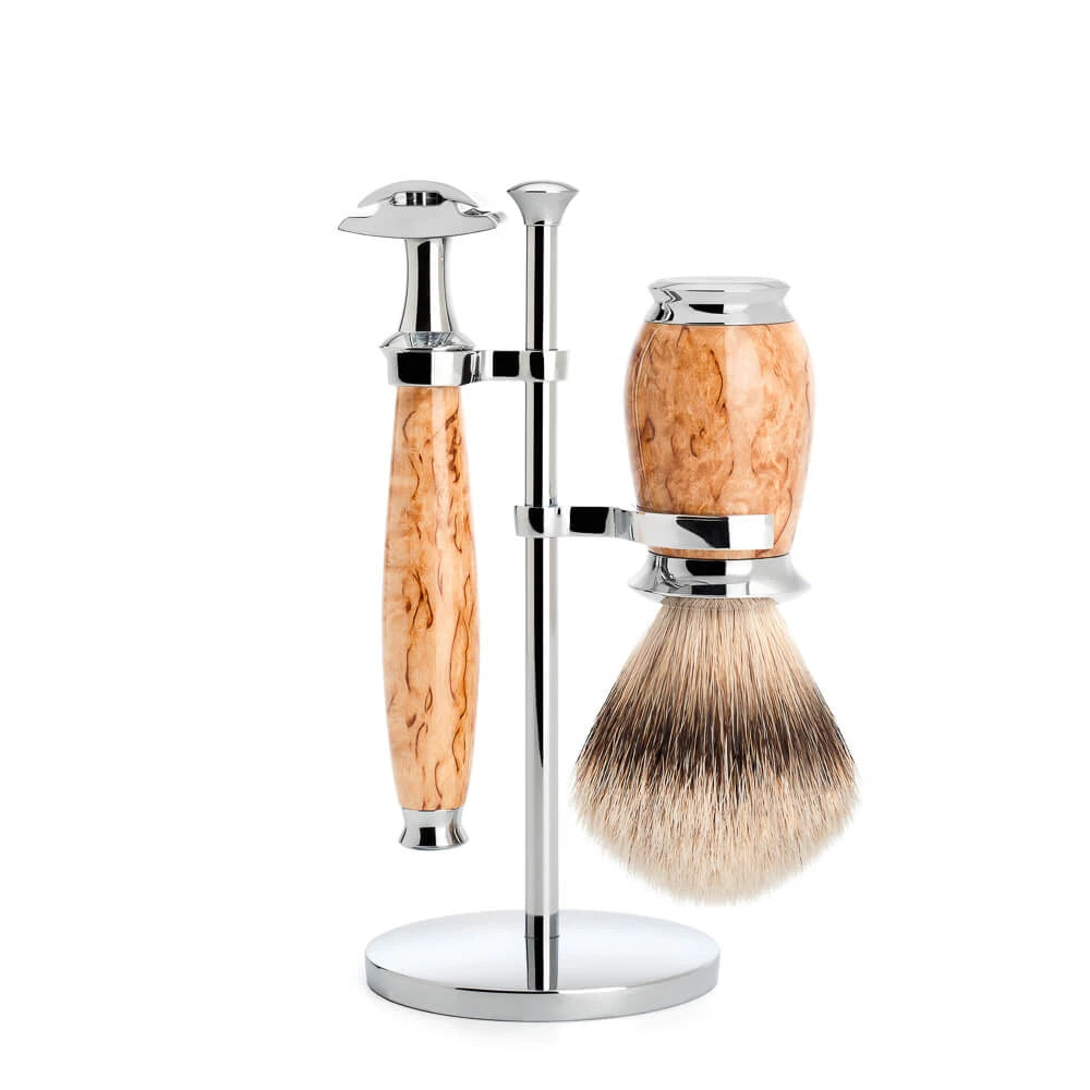 Shaving kit with DE razor, Silvertip Shaving Brush and Holder, Purist, Karelian Burl Birch