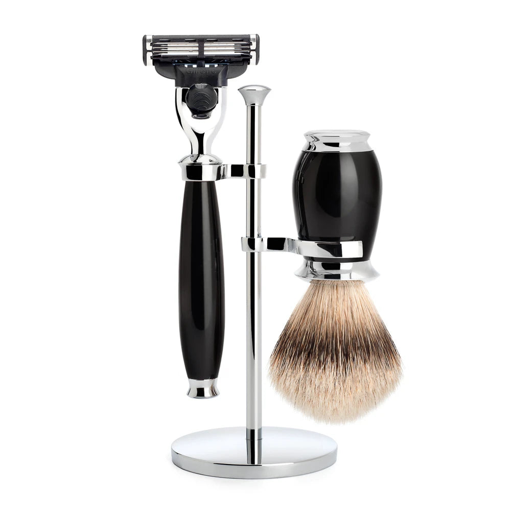 Shaving kit with Mach3 Shaver, Shaving Brush and Holder, Purist, Black Resin