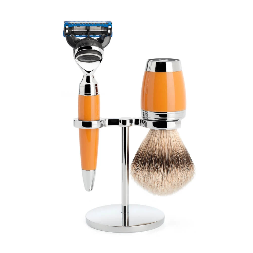 Shaving kit with Shaver, Silvertip Shaving Brush and Holder, Stylo, Butterscotch