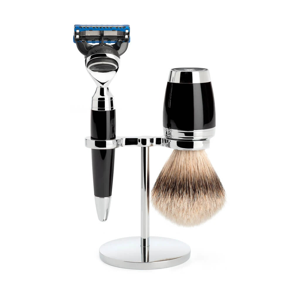 Shaving kit with Shaver, Silvertip Shaving Brush and Holder, Stylo, Black Resin