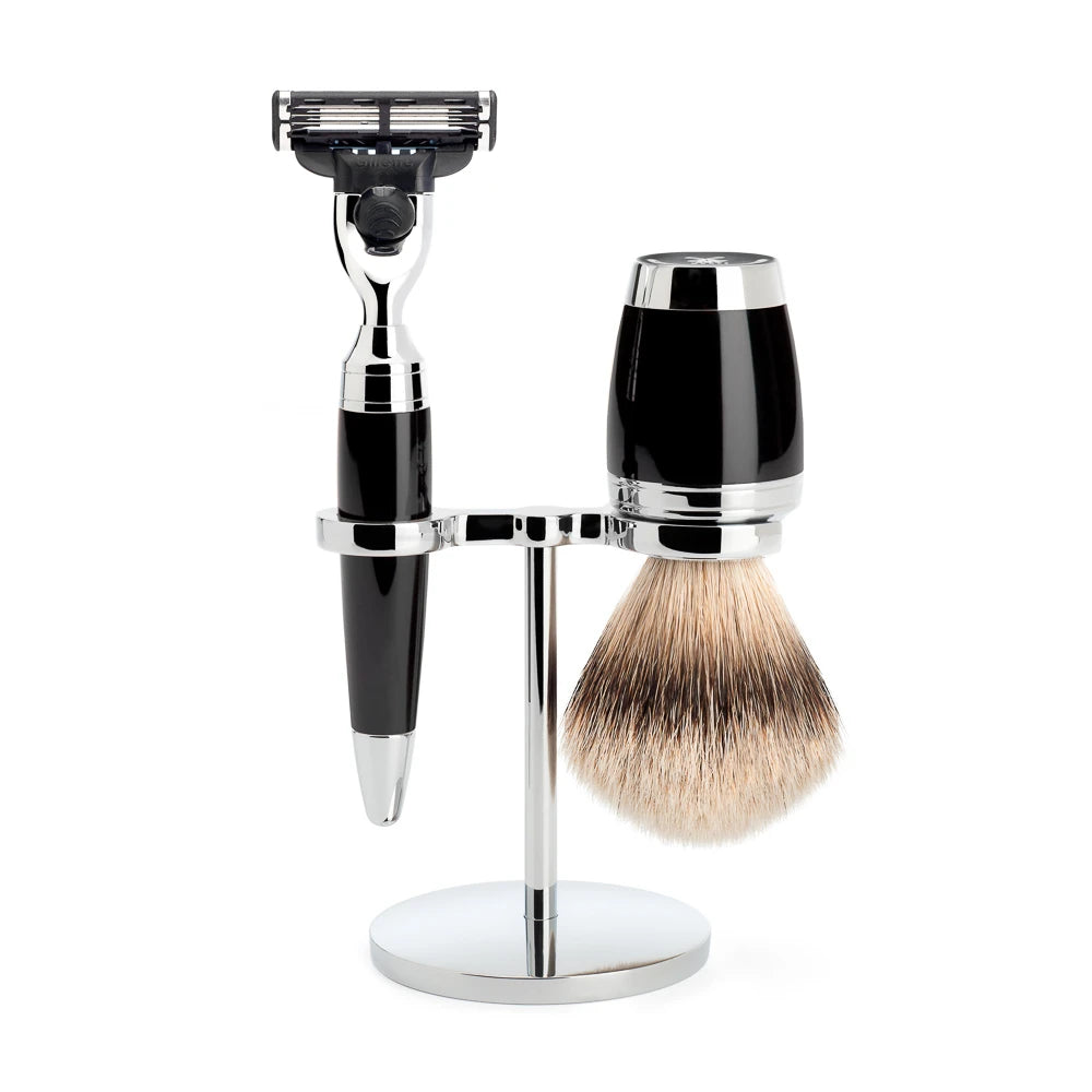 Shaving kit with Mach3 Shaver, Shaving Brush and Holder, Stylo, Black Resin