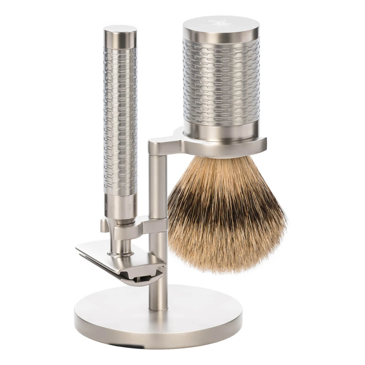Shaving set with DE razor, Shaving brush and holder, Rocca, Stainless steel - Matte finish