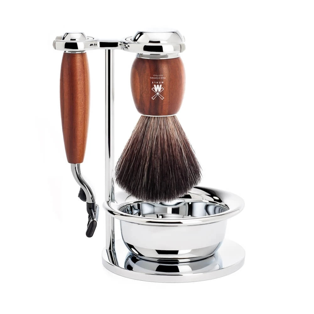 Shaving kit with Mach3 Shaver, Black Fibre Shaving Brush, Holder and Bowl, Vivo, Plum wood