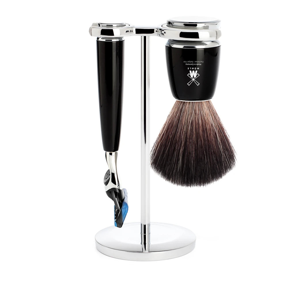 Shaving kit with Fusion Shaver, Shaving Brush and Holder, Rytmo, Black Resin