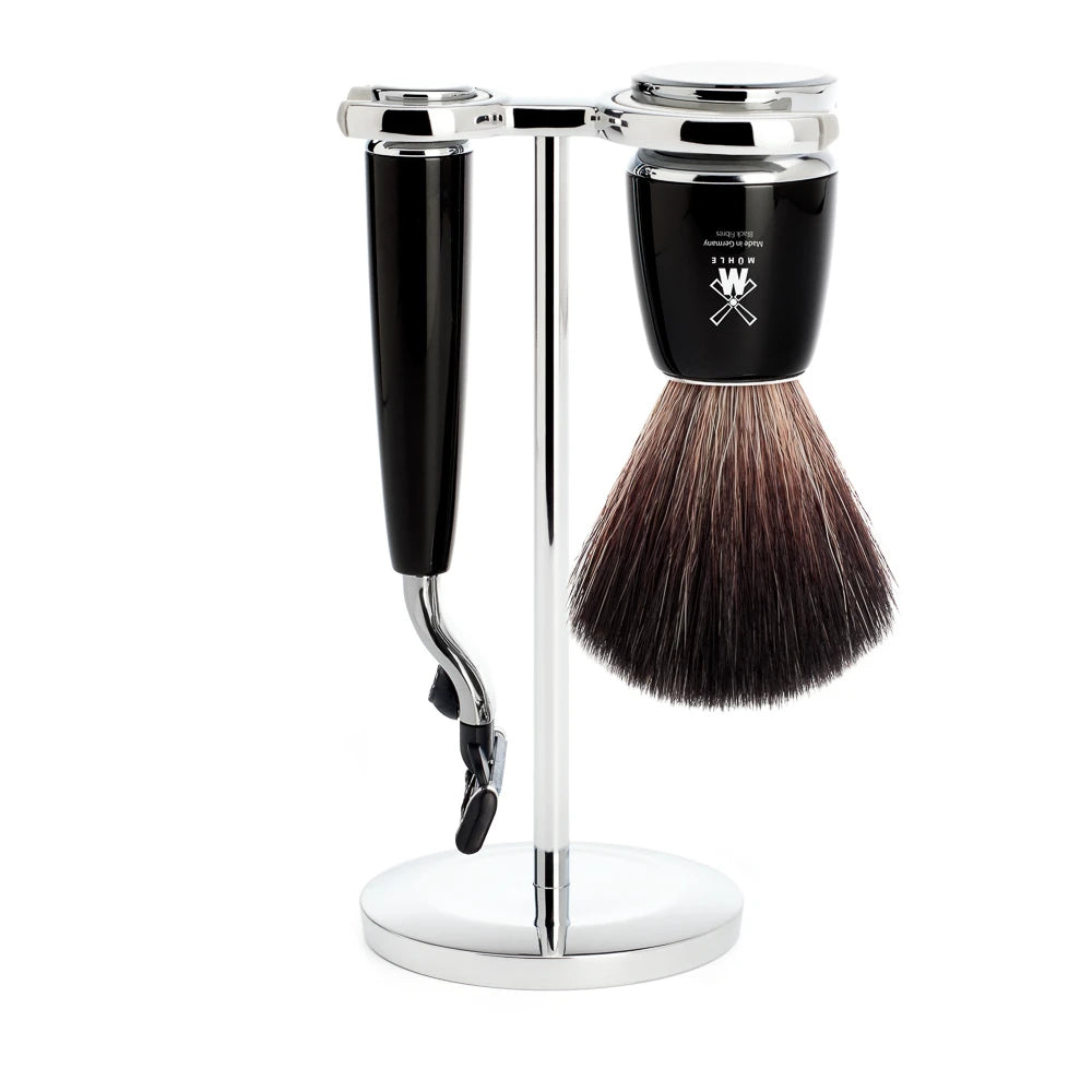 Shaving kit with Mach3 Shaver, Fibre Shaving Brush and Holder, Rytmo, Black Resin