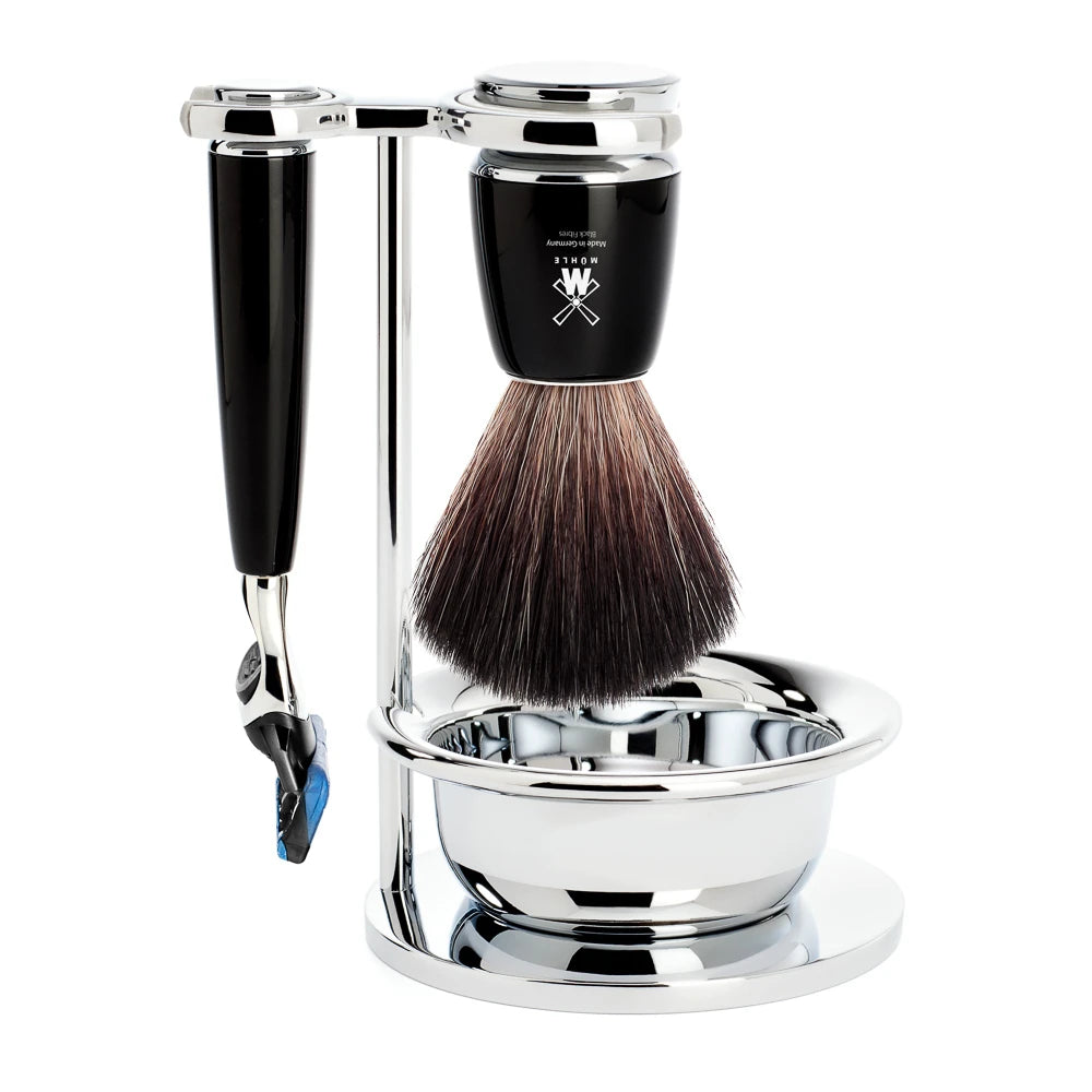 Shaving set with Fusion Shaver, Brush, Holder and Bowl, Rytmo, Black Resin