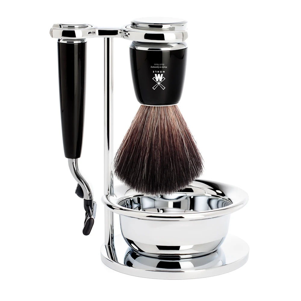 Shaving kit with Mach3 Shaver, Brush, Holder and Bowl, Rytmo, Black Resin