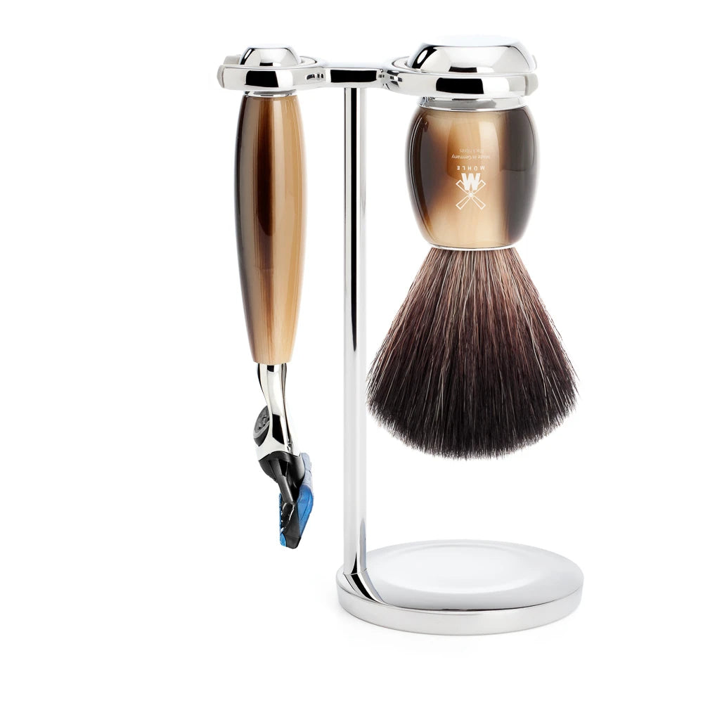 Shaving set with Fusion Shaver, Shaving Brush and Holder, Vivo, Brown Horn