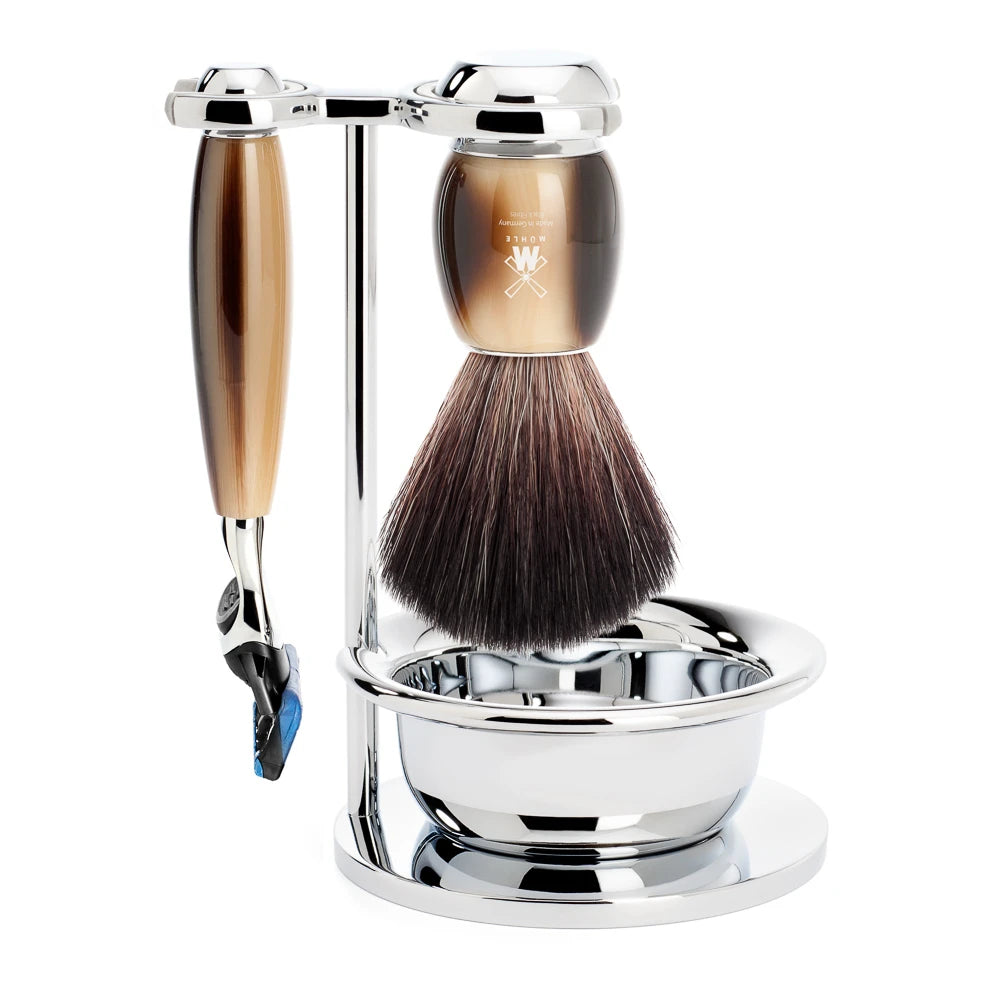 Shaving set with Fusion Shaver, Fibre Shaving Brush, Holder and Bowl, Vivo, Brown Horn