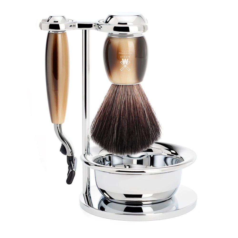Shaving kit with Mach3 Shaver, Fibre Shaving Brush, Holder and Bowl, Vivo, Brown Horn