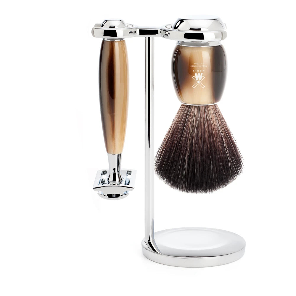 Shaving kit with DE razor, Fibre Shaving Brush and Holder, Vivo, Brown Horn