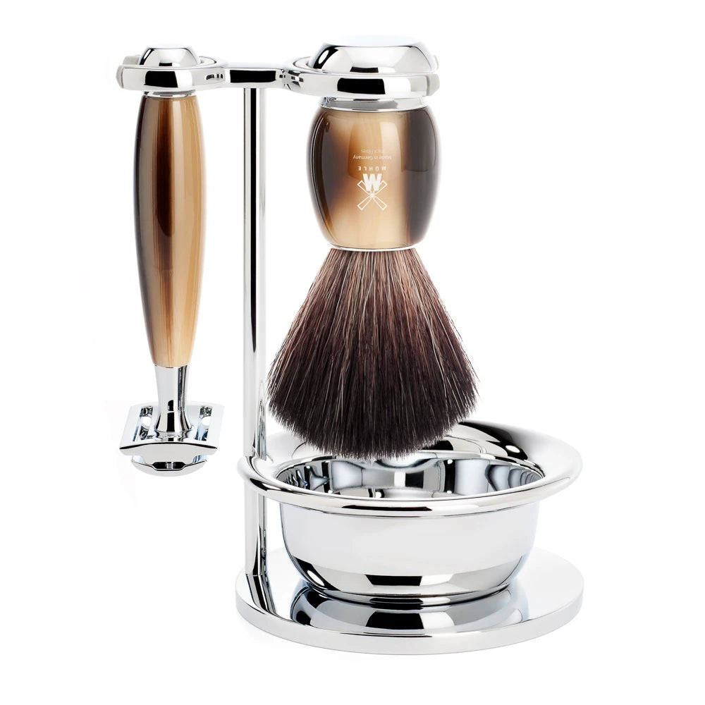 Shaving set with DE razor, Fiber Shaving Brush, Holder and Bowl, Vivo, Brown Horn