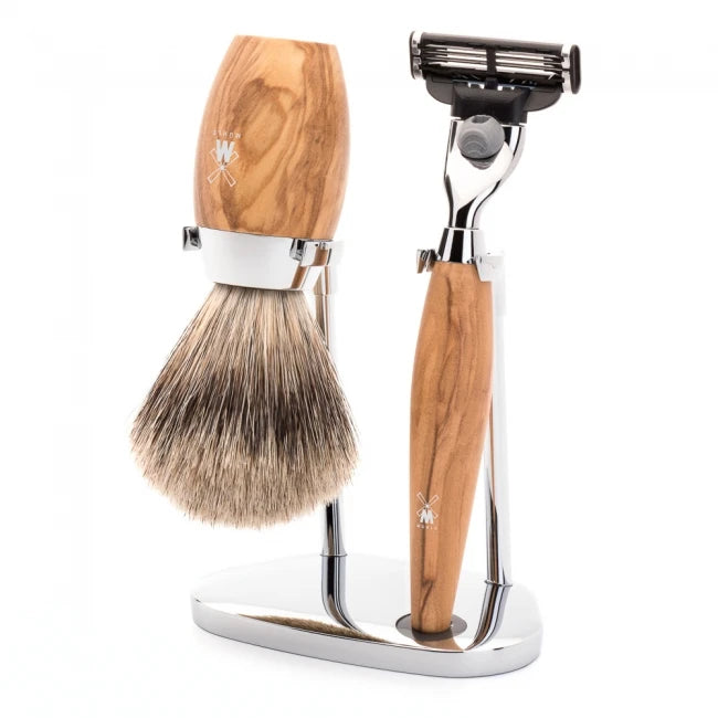Shaving set with Mach3 Shaver, Shaving brush and holder, Kosmo, Olive wood