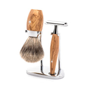 Shaving kit with DE razor, Fine Badger Shaving Brush and Holder, Kosmo, Olive wood