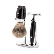 Shaving kit with DE razor, Fine Badger Shaving Brush and Holder, Kosmo, Black Resin