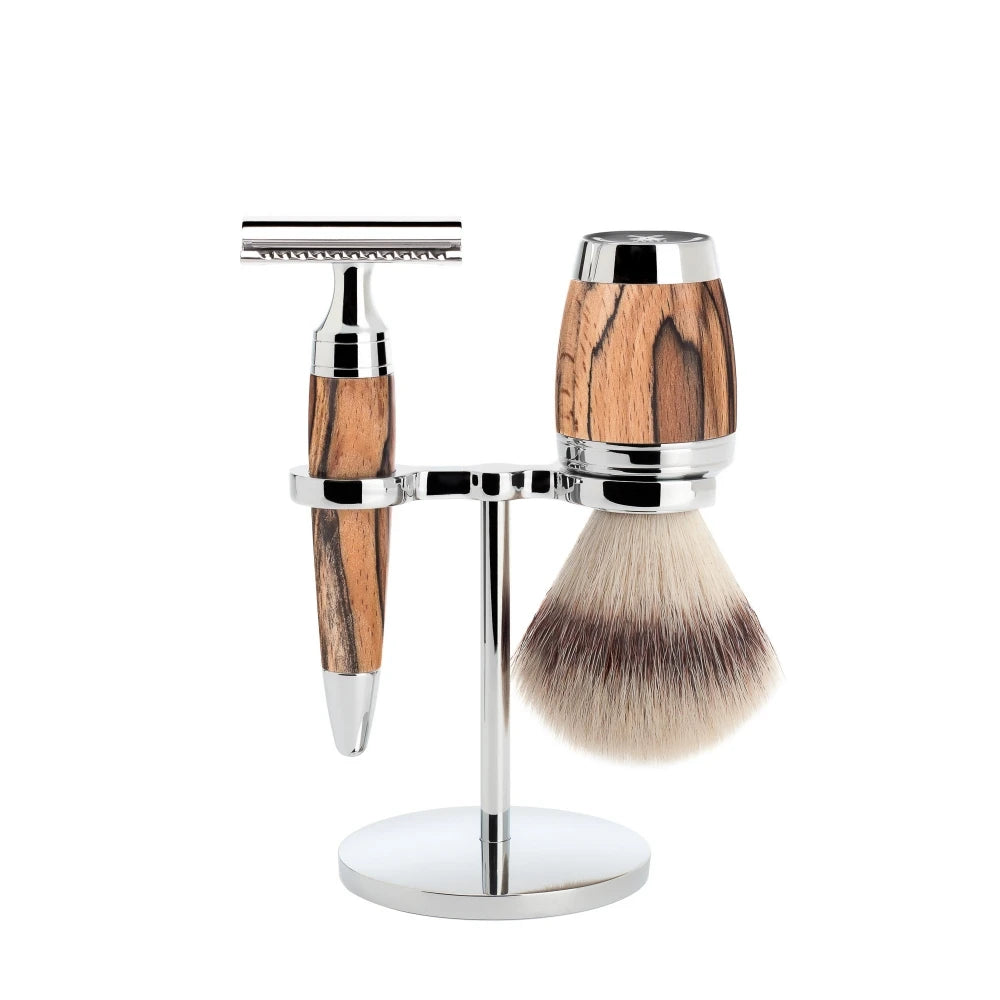Shaving kit with DE razor, Fibre Shaving Brush and Holder, Stylo, Spalted Beech