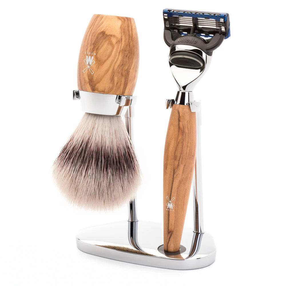 Shaving set with Shaver, Shaving brush and holder, Kosmo, Olive wood