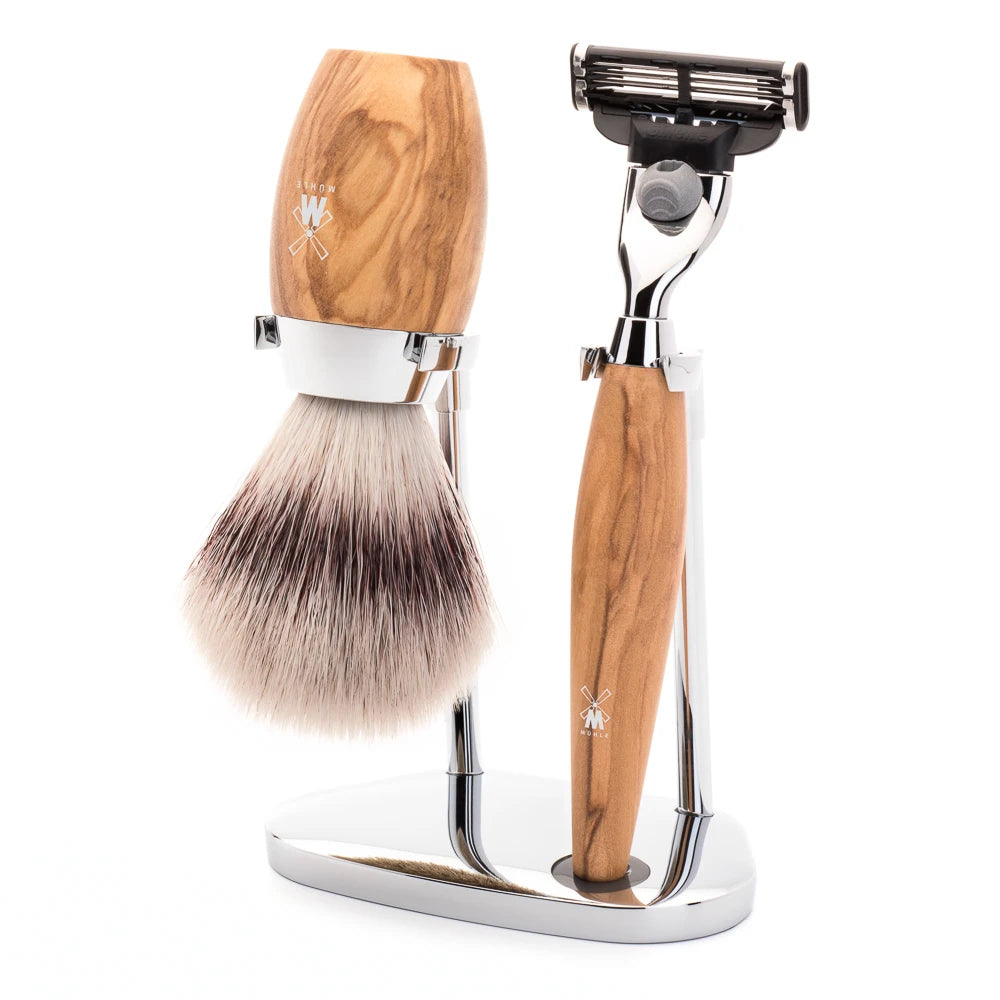 Shaving kit with Mach3 Shaver, Brush and Holder, Kosmo, Olive wood