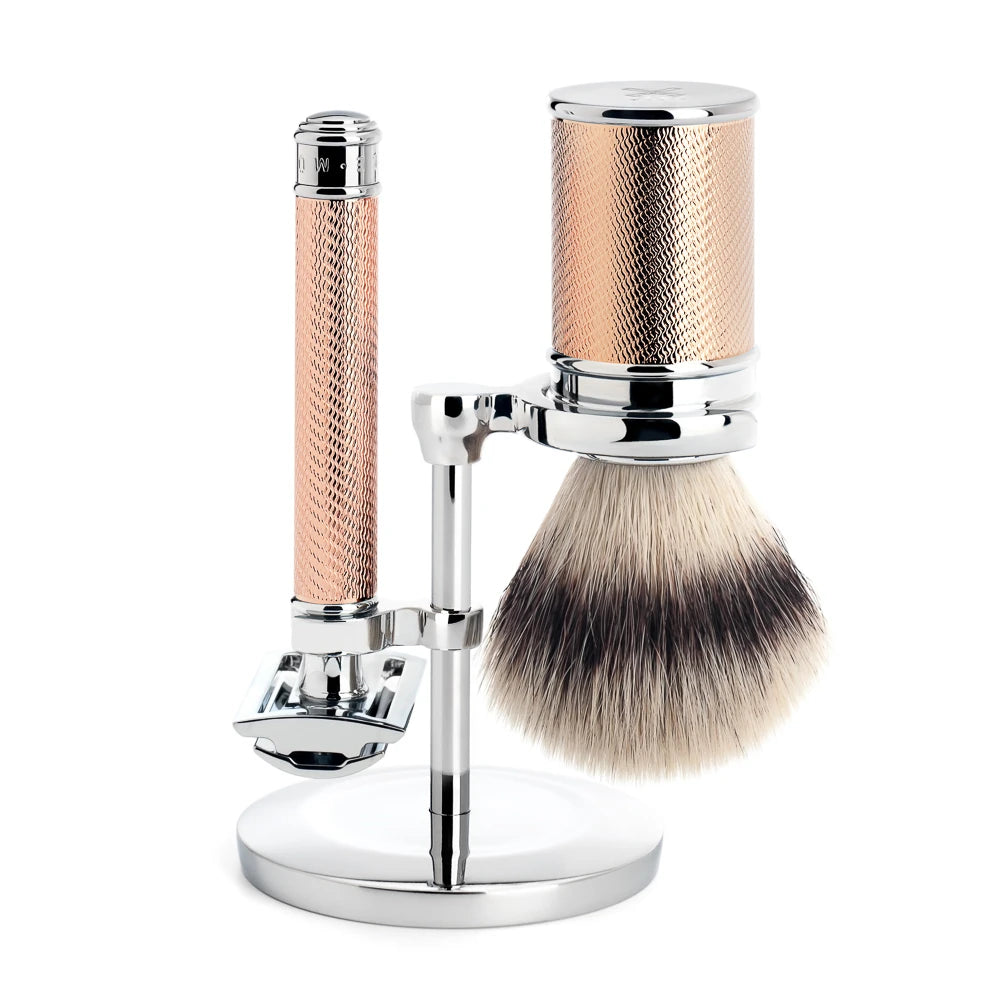 Shaving kit with DE razor, Fibre Shaving Brush and Holder, Traditional, Rosegold