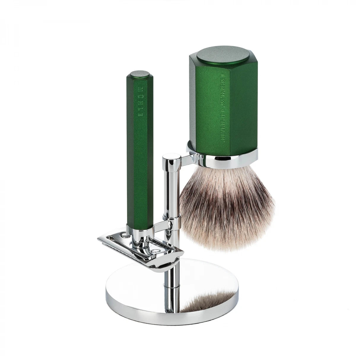 Mark Braun Shaving Kit with DE razor, Shaving Brush and Holder, Hexagon, Aluminum Forest