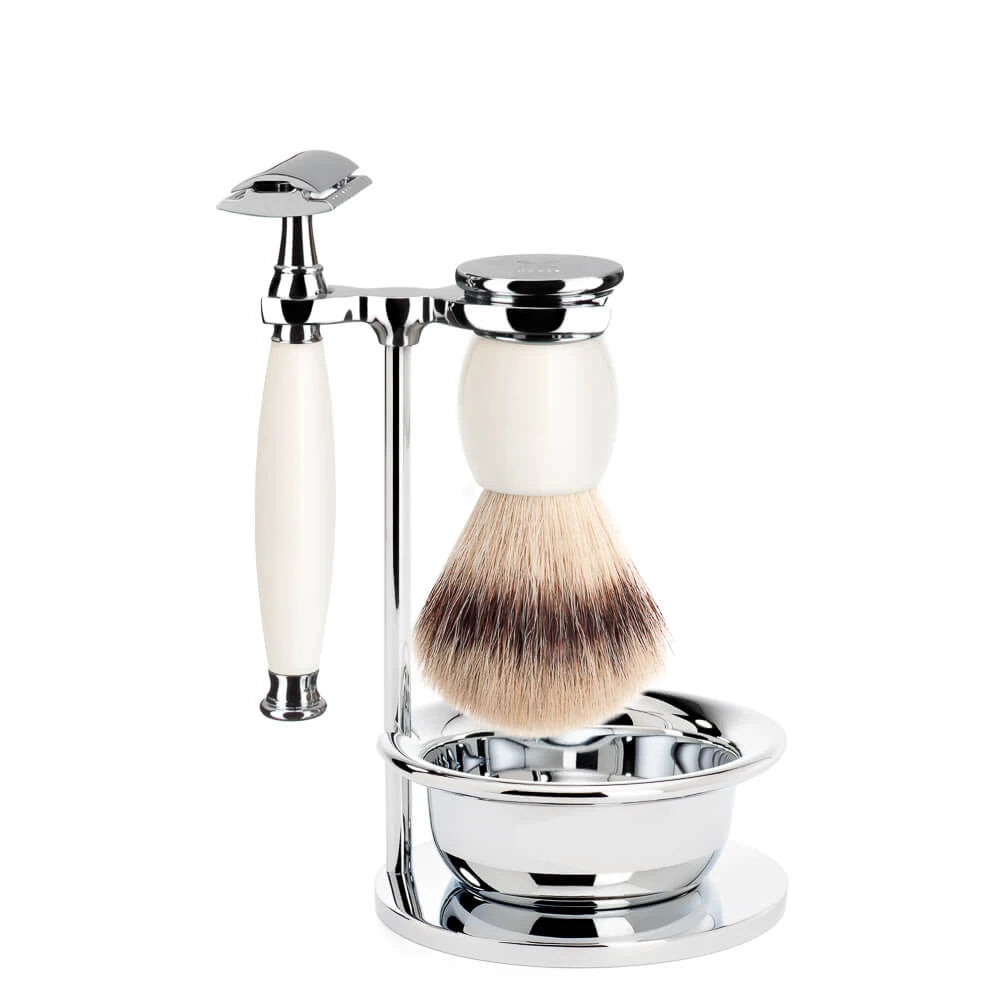 Shaving set with DE razor, Fiber Shaving Brush, Holder and Bowl, Sophist, Porcelain