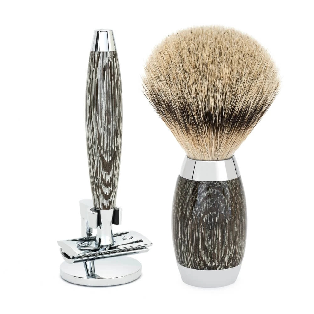 Edition No. 3, Shaving Kit with DE razor, Silvertip Badger Shaving Brush and Holder for Shaver, Mose Oak & Sterling Silver