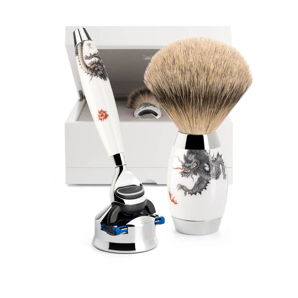 Meissen Porcelain Shaving Set with Fusion Shaver, Silvertip Shaving Brush and Holder, Porcelain