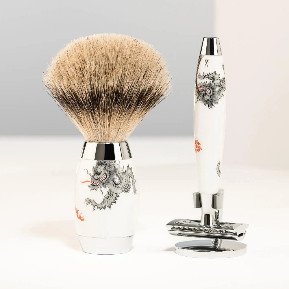 Meissen Porcelain Shaving Set with DE razor, Silvertip Shaving Brush and Holder for Shaver, Porcelain
