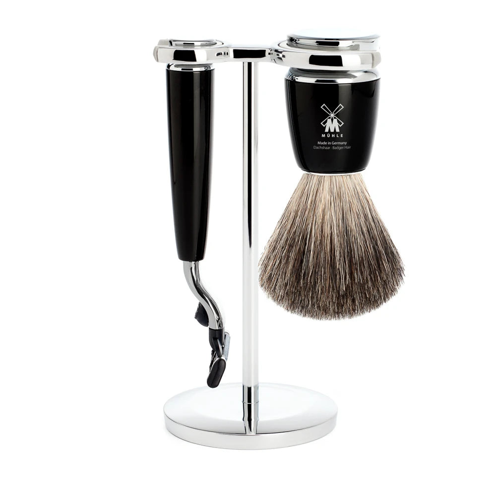 Shaving kit with Mach3 Shaver, Shaving Brush and Holder, Rytmo, Black Resin