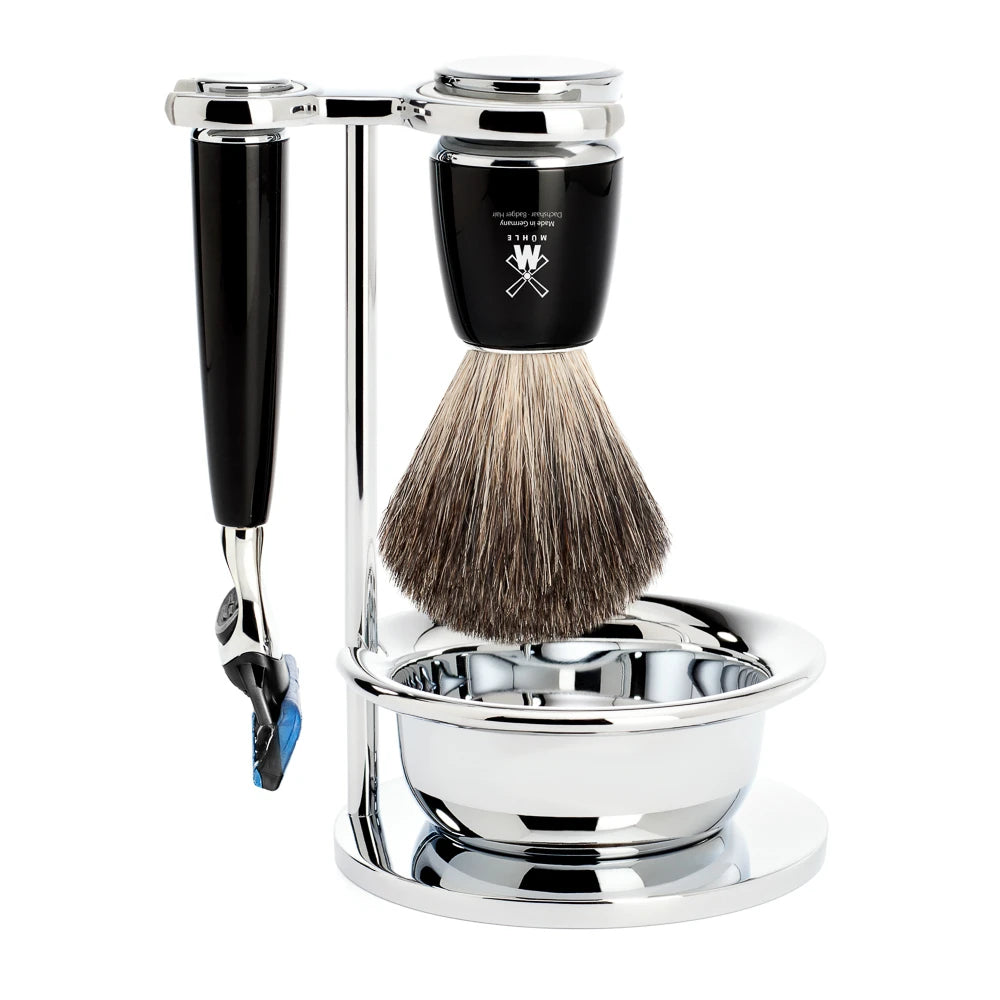 Shaving set with Shaver, Shaving Brush, Holder and Bowl, Rytmo, Black Resin