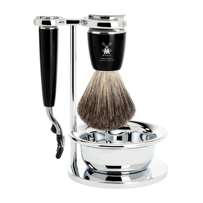 Shaving kit with Mach3 Shaver, Shaving Brush, Holder and Bowl, Rytmo, Black Resin