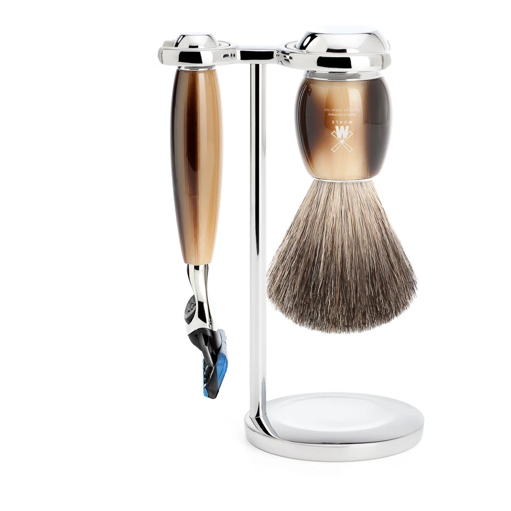 Shaving set with Shaver, Shaving Brush and Holder, Vivo, Brown Horn