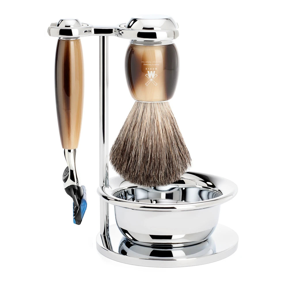 Shaving set with Shaver, Shaving Brush, Holder and Bowl, Vivo, Brown Horn