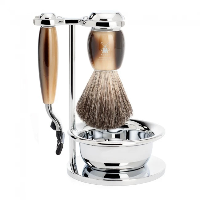 Shaving set with Mach3 Shaver, Shaving Brush, Holder and Bowl, Vivo, Brown Horn