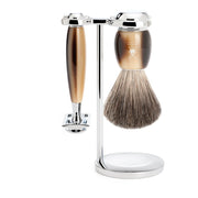 Shaving set with DE razor, Shaving Brush and Holder, Vivo, Brown Horn