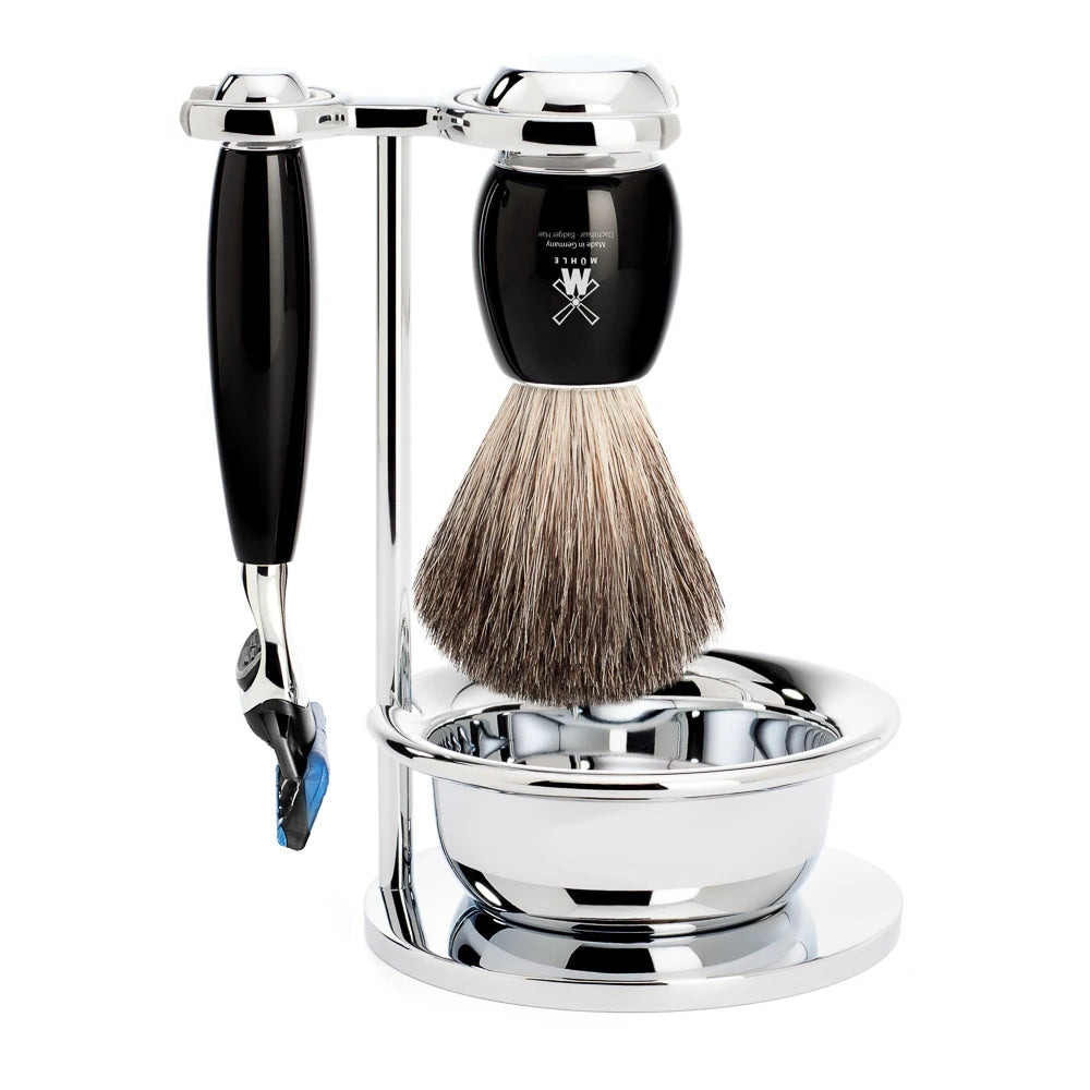 Shaving set with Shaver, Shaving Brush, Holder and Bowl, Vivo, Black Resin