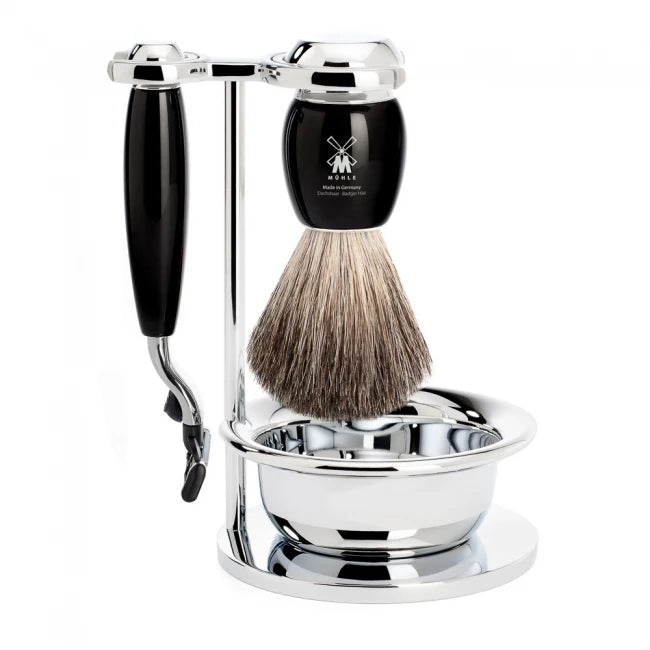 Shaving set with Mach3 Shaver, Shaving Brush, Holder and Bowl, Vivo, Black Resin
