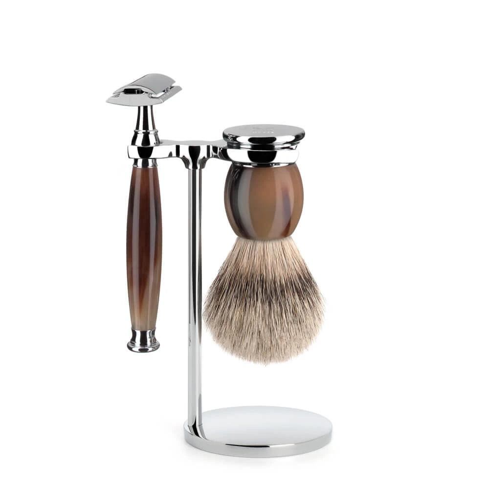 Shaving set with DE razor, Shaving Brush and Holder, Sophist, Genuine Horn