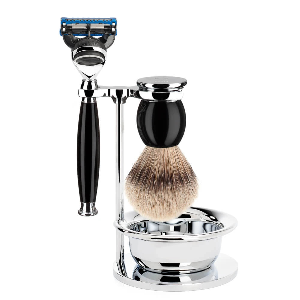 Shaving kit with Shaver, Silvertip Shaving Brush, Holder and Bowl, Sophist, Black Resin