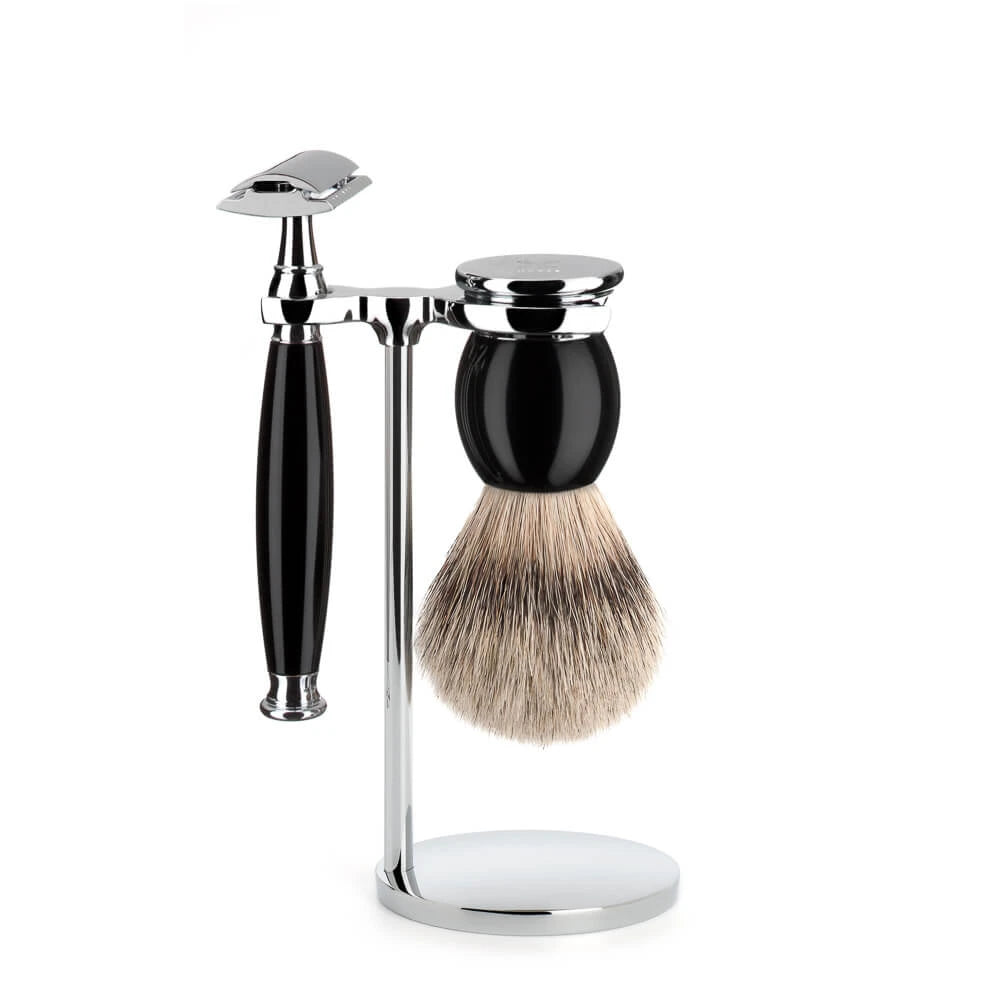 Shaving set with DE razor, Shaving Brush and Holder, Sophist, Black Resin