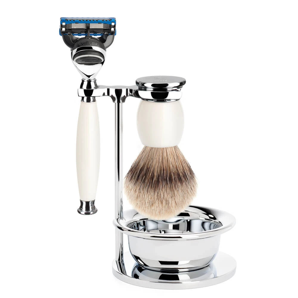 Shaving set with Shaver, Silvertip Shaving Brush, Holder and Bowl, Sophist, Porcelain